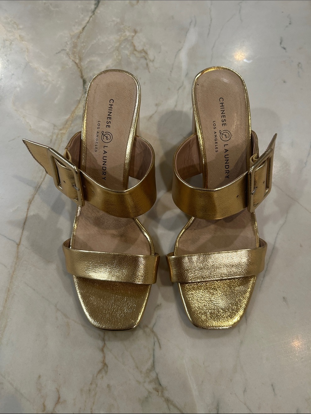 Chinese Laundry Metallic Gold Buckle Mules 2.5” heel